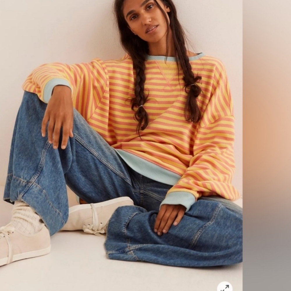 Free People Classic Striped Oversized Crewneck Sweatshirt  Sweater